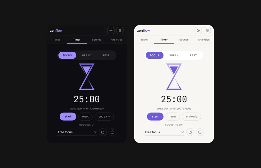 Zenflow popup in its dark and light themes