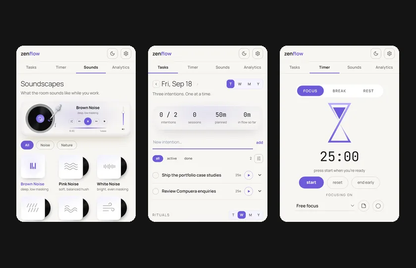 Zenflow music player, task list and timer