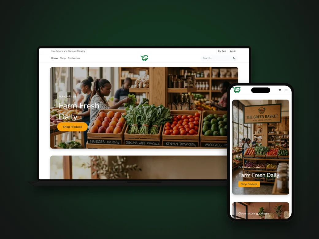 Go Green Basket grocery storefront on a laptop and a phone