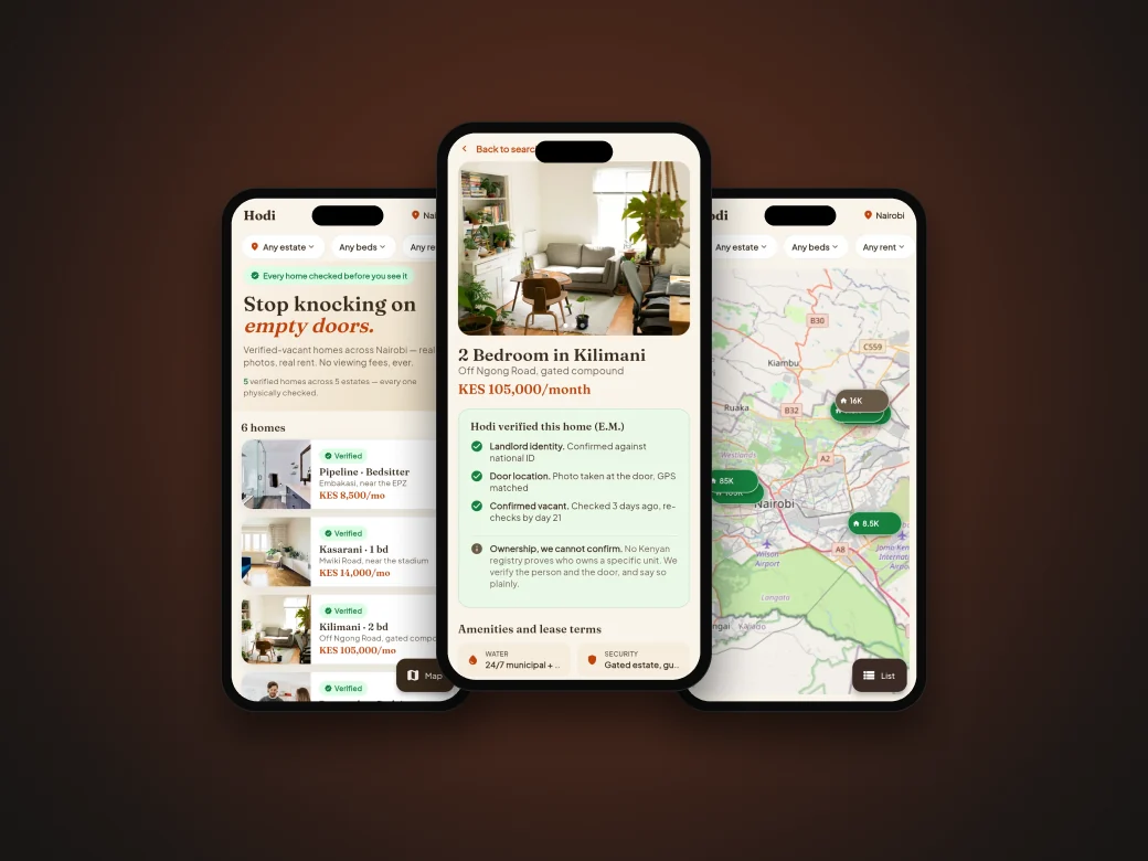 Hodi renter app on three phones