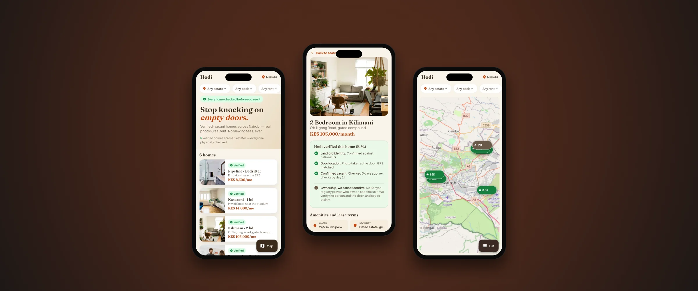Hodi renter app on three phones: home, listing and map