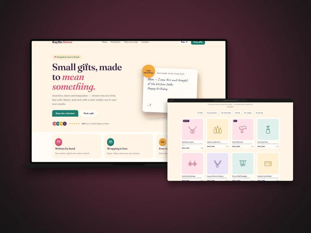 Kaylin Haven landing page with its product page in front