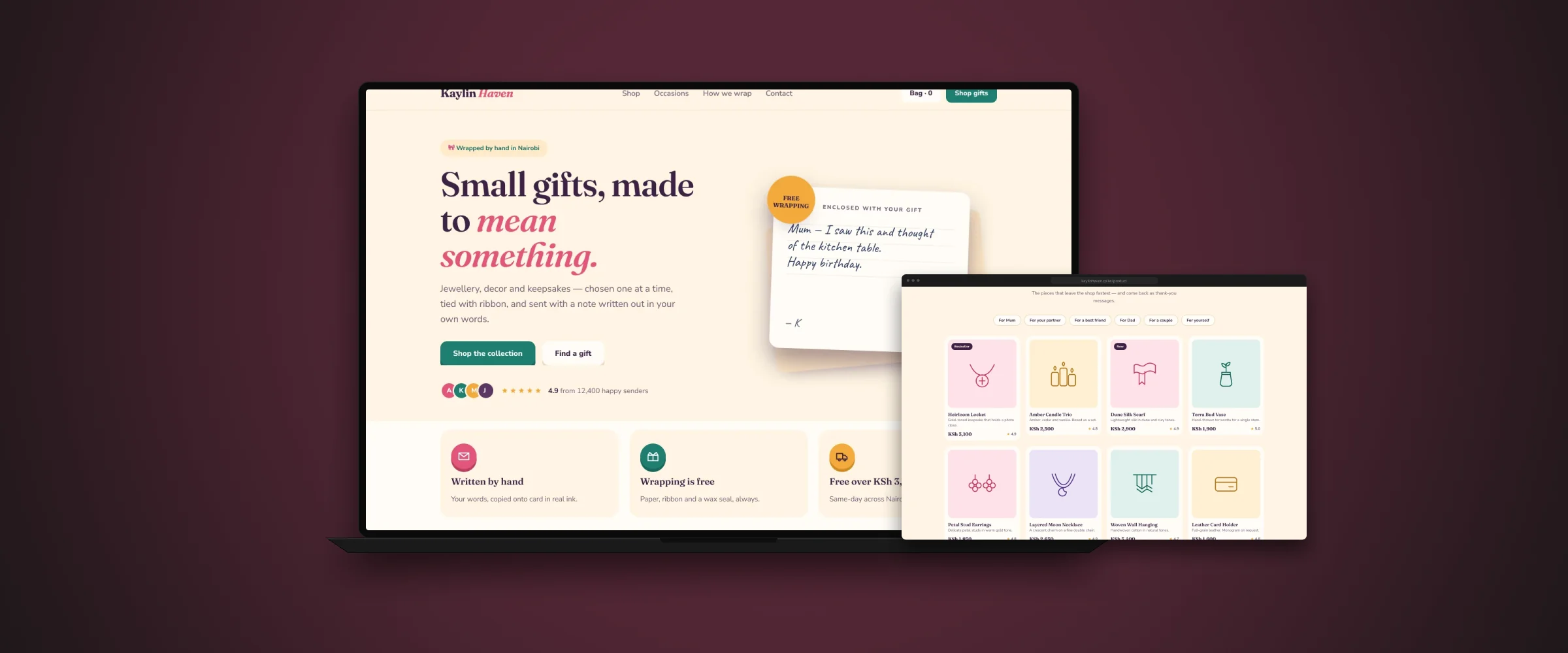 Kaylin Haven landing page on a laptop, with the product page in front