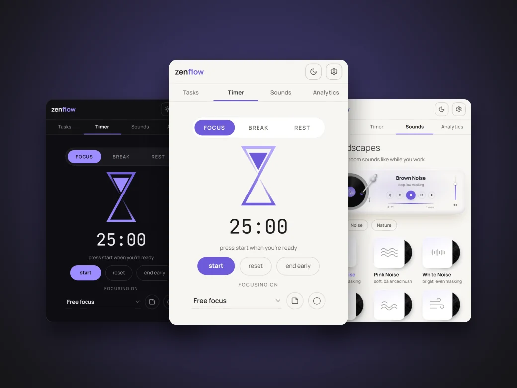 Zenflow focus-timer popups in the dark and light themes