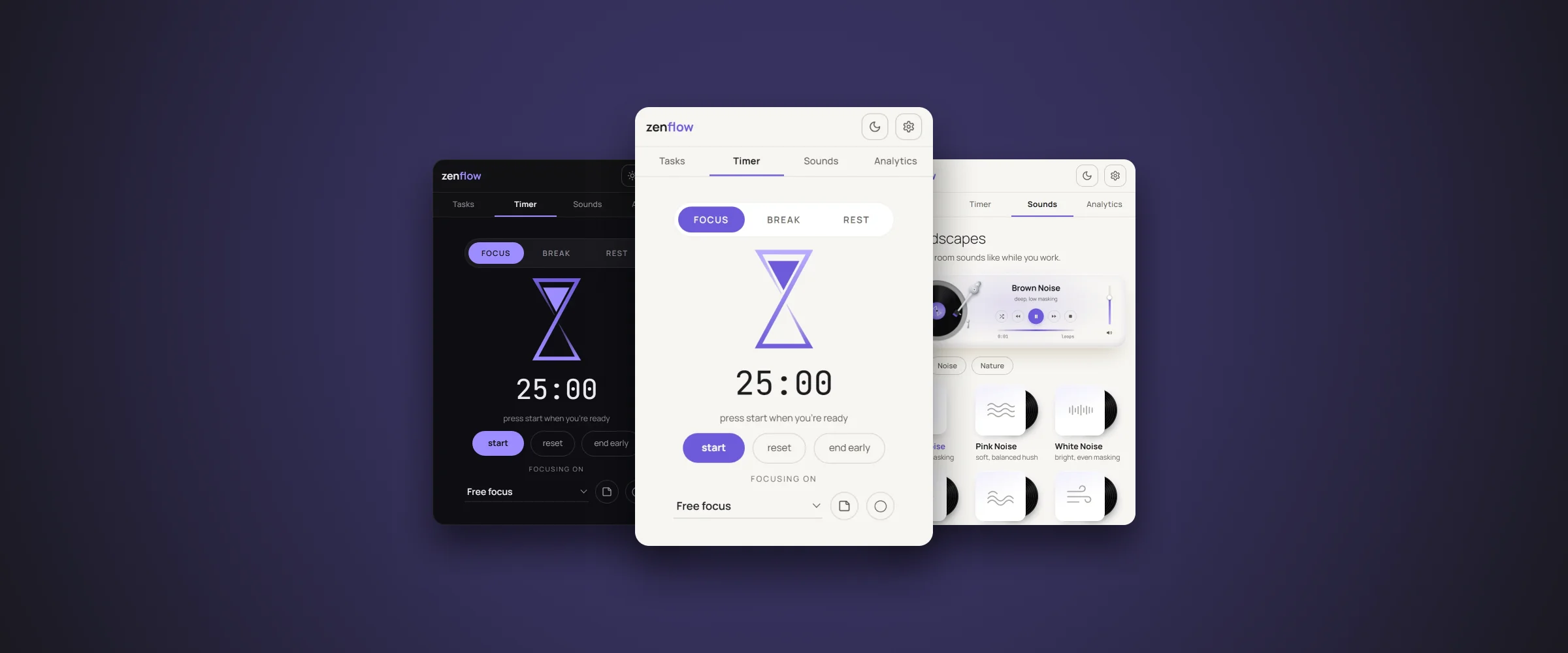 Zenflow focus-timer popups in the dark and light themes, with the music player